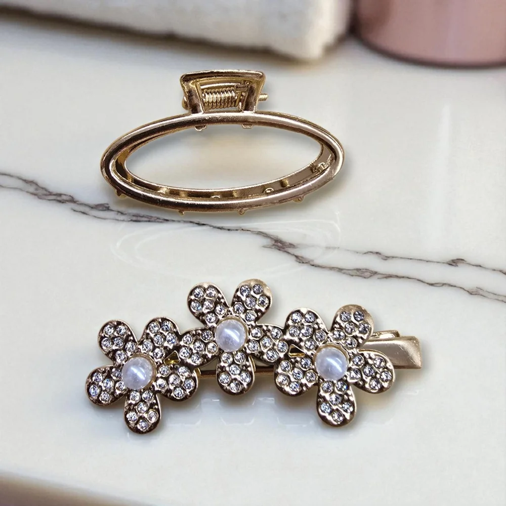 Elegant Floral Hair‎ Clip 2-Piece Set In Gold Or Silver Tone